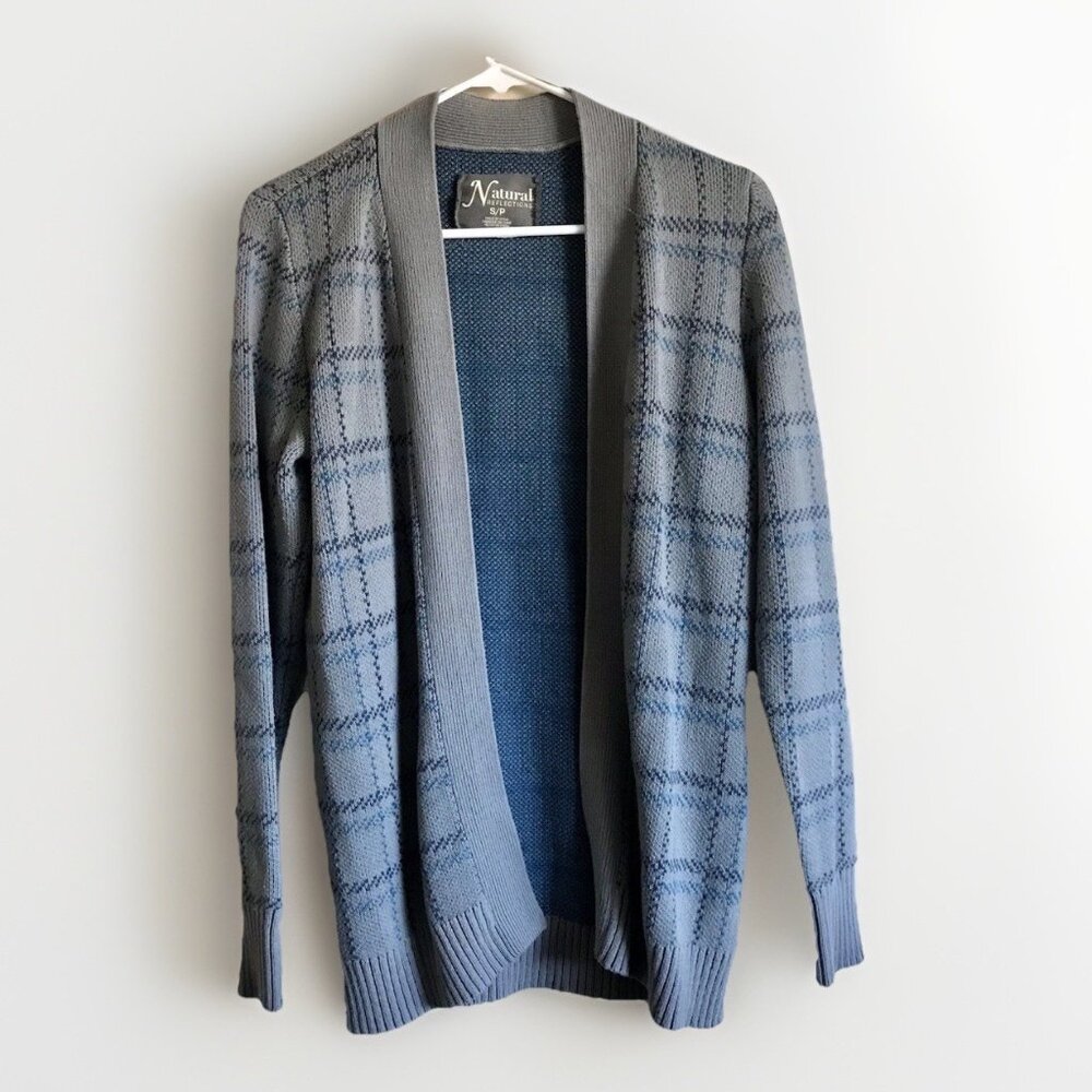 Natural Reflections Women's Gray Blue Plaid‎ Cardigan Sweater S/P Cotton